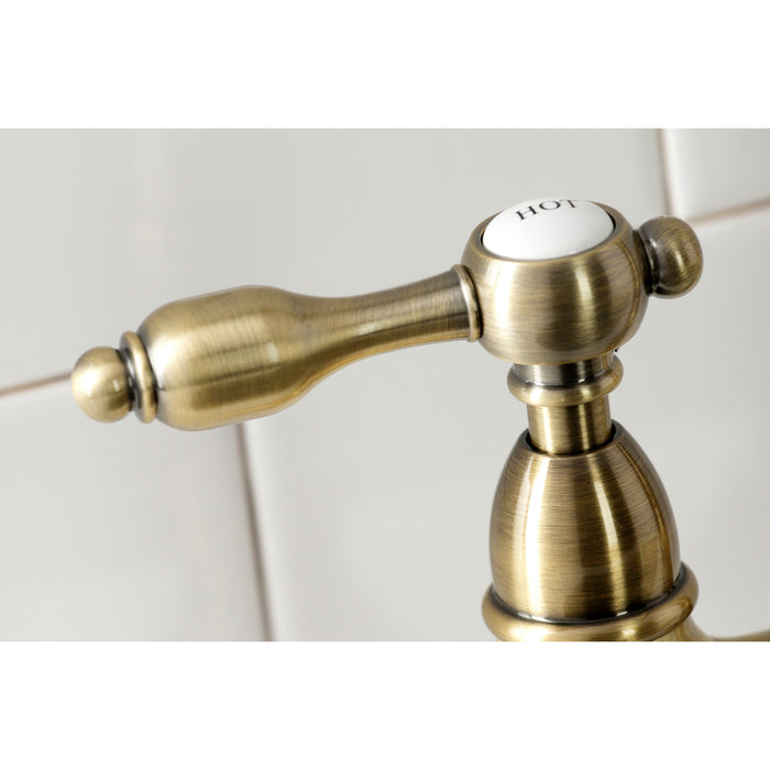 Kingston Heirloom KS1273TALBS - Tudor Two-Handle 4-Hole Deck Mount Bridge Kitchen Faucet with Brass Sprayer, Antique Brass