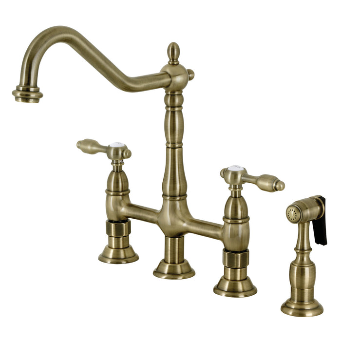 Kingston Heirloom KS1273TALBS - Tudor Two-Handle 4-Hole Deck Mount Bridge Kitchen Faucet with Brass Sprayer, Antique Brass
