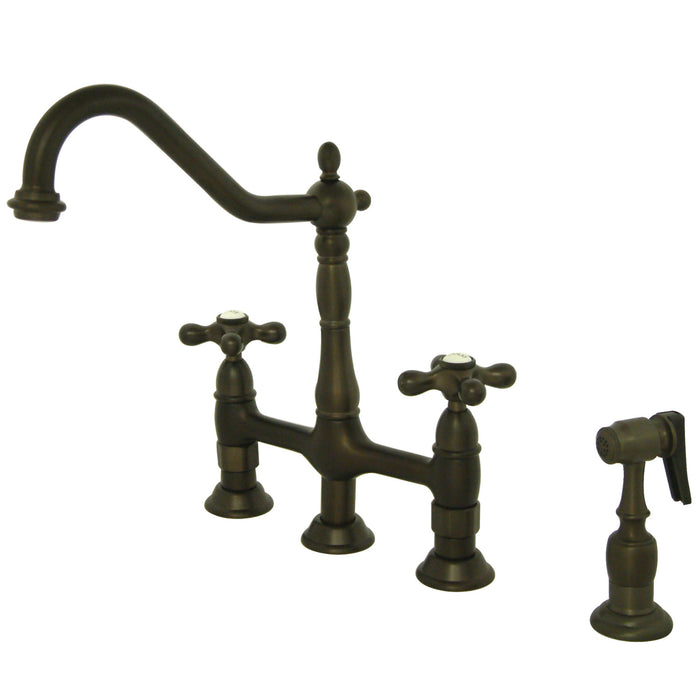 Heritage KS1275AXBS Two-Handle 4-Hole Deck Mount Bridge Kitchen Faucet with Brass Side Sprayer, Oil Rubbed Bronze