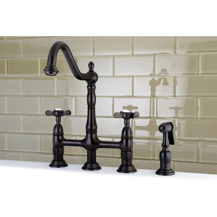 Kingston Heirloom KS1275BEXBS - Essex Two-Handle 4-Hole Deck Mount Bridge Kitchen Faucet with Brass Sprayer, Oil Rubbed Bronze