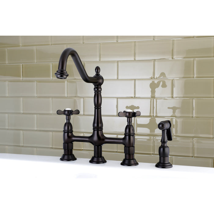 Kingston Heirloom KS1275BEXBS - Essex Two-Handle 4-Hole Deck Mount Bridge Kitchen Faucet with Brass Sprayer, Oil Rubbed Bronze