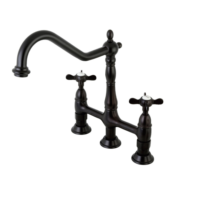 Kingston Heirloom KS1275BEXBS - Essex Two-Handle 4-Hole Deck Mount Bridge Kitchen Faucet with Brass Sprayer, Oil Rubbed Bronze