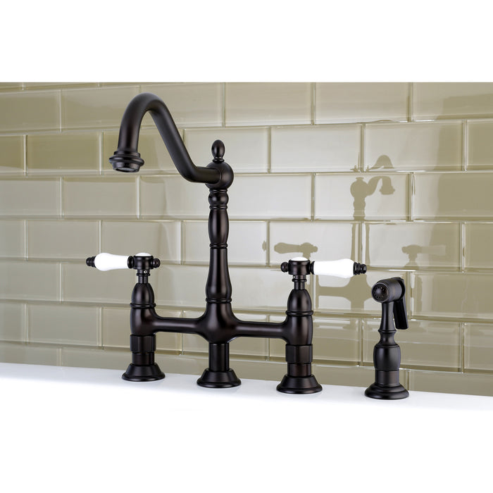Kingston Heirloom KS1275BPLBS - Bel-Air Two-Handle 4-Hole Deck Mount Bridge Kitchen Faucet with Brass Sprayer, Oil Rubbed Bronze