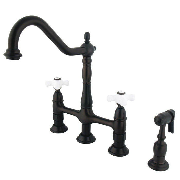 Kingston Heirloom KS1275PXBS - Heritage Two-Handle 4-Hole Deck Mount Bridge Kitchen Faucet with Brass Sprayer, Oil Rubbed Bronze