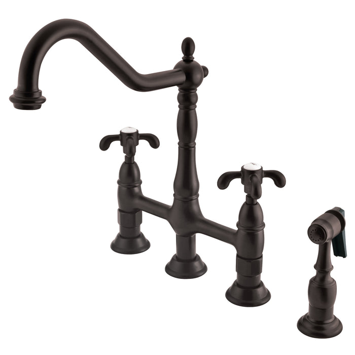 French Country KS1275TXBS Two-Handle 4-Hole Deck Mount Bridge Kitchen Faucet with Brass Side Sprayer, Oil Rubbed Bronze