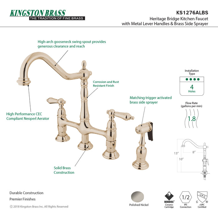 Heritage KS1276ALBS Two-Handle 4-Hole Deck Mount Bridge Kitchen Faucet with Brass Side Sprayer, Polished Nickel