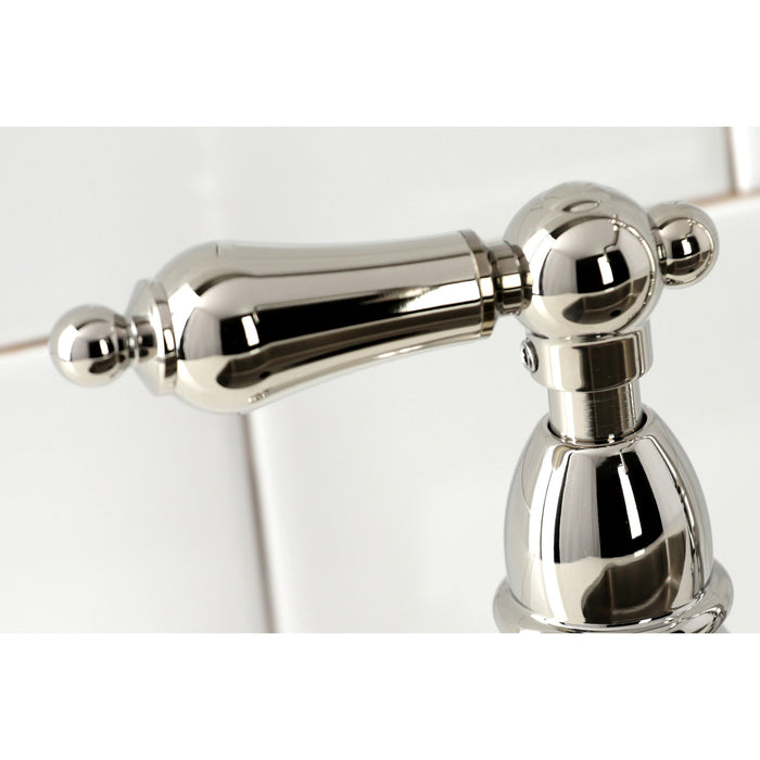 Heritage KS1276ALBS Two-Handle 4-Hole Deck Mount Bridge Kitchen Faucet with Brass Side Sprayer, Polished Nickel