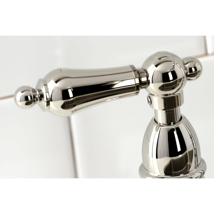 Heritage KS1276ALBS Two-Handle 4-Hole Deck Mount Bridge Kitchen Faucet with Brass Sprayer, Polished Nickel
