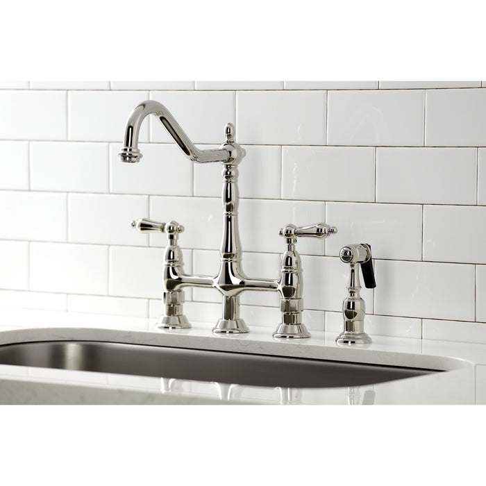 Heritage KS1276ALBS Two-Handle 4-Hole Deck Mount Bridge Kitchen Faucet with Brass Side Sprayer, Polished Nickel