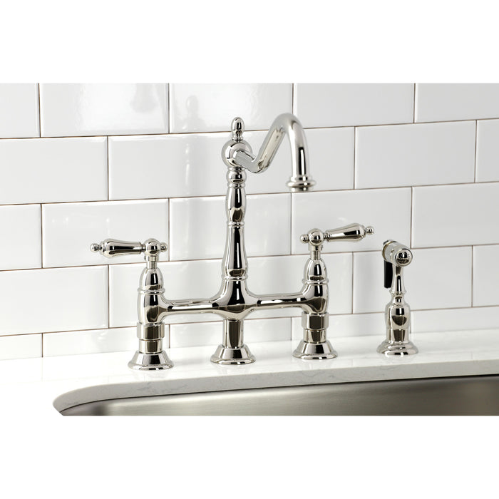Heritage KS1276ALBS Two-Handle 4-Hole Deck Mount Bridge Kitchen Faucet with Brass Side Sprayer, Polished Nickel