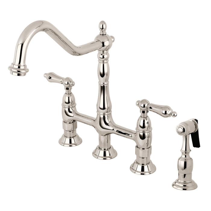 Heritage KS1276ALBS Two-Handle 4-Hole Deck Mount Bridge Kitchen Faucet with Brass Sprayer, Polished Nickel