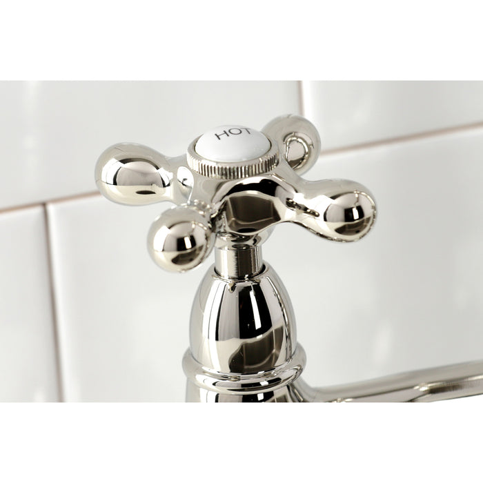 Kingston Heirloom KS1276AXBS - Heritage Two-Handle 4-Hole Deck Mount Bridge Kitchen Faucet with Brass Sprayer, Polished Nickel