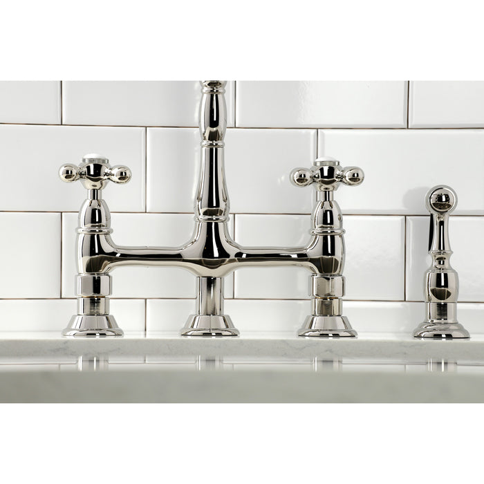 Kingston Heirloom KS1276AXBS - Heritage Two-Handle 4-Hole Deck Mount Bridge Kitchen Faucet with Brass Sprayer, Polished Nickel