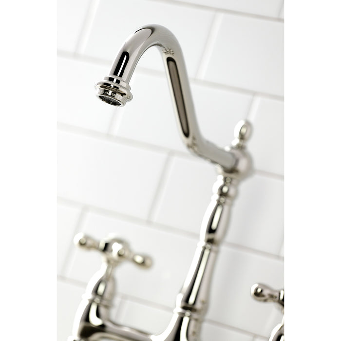 Kingston Heirloom KS1276AXBS - Heritage Two-Handle 4-Hole Deck Mount Bridge Kitchen Faucet with Brass Sprayer, Polished Nickel