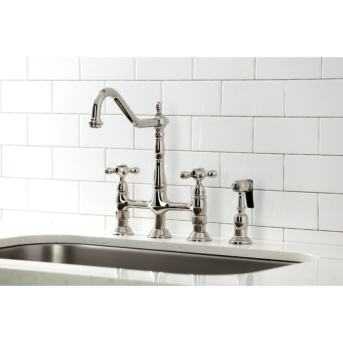 Kingston Heirloom KS1276AXBS - Heritage Two-Handle 4-Hole Deck Mount Bridge Kitchen Faucet with Brass Sprayer, Polished Nickel
