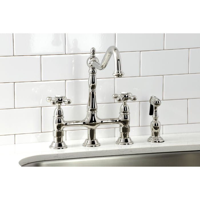 Kingston Heirloom KS1276AXBS - Heritage Two-Handle 4-Hole Deck Mount Bridge Kitchen Faucet with Brass Sprayer, Polished Nickel