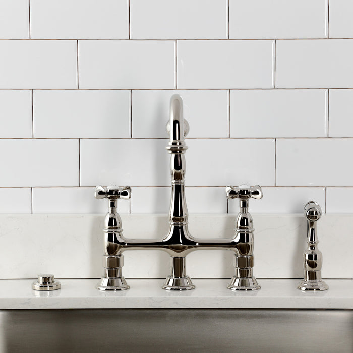 Kingston Heirloom KS1276BEXBS - Essex Two-Handle 4-Hole Deck Mount Bridge Kitchen Faucet with Brass Sprayer, Polished Nickel