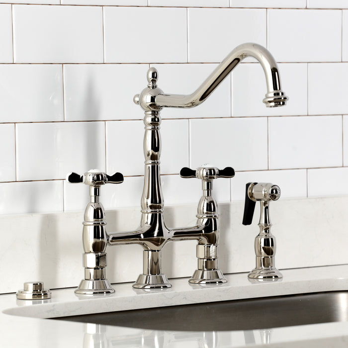 Kingston Heirloom KS1276BEXBS - Essex Two-Handle 4-Hole Deck Mount Bridge Kitchen Faucet with Brass Sprayer, Polished Nickel