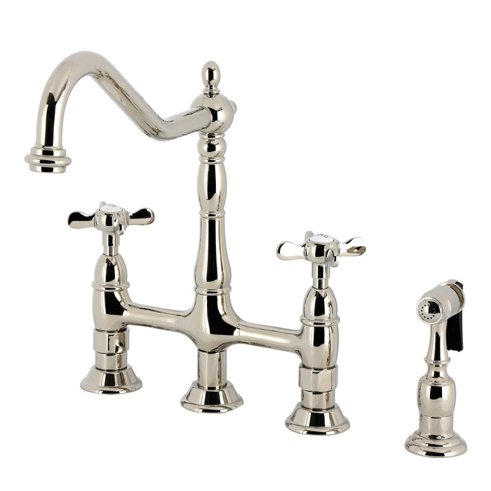 Kingston Heirloom KS1276BEXBS - Essex Two-Handle 4-Hole Deck Mount Bridge Kitchen Faucet with Brass Sprayer, Polished Nickel