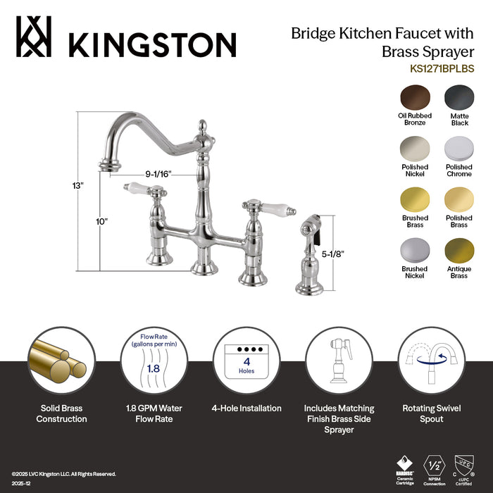 Kingston Heirloom KS1276BPLBS - Bel-Air Two-Handle 4-Hole Deck Mount Bridge Kitchen Faucet with Brass Sprayer, Polished Nickel