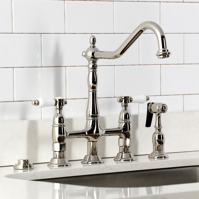 Kingston Heirloom KS1276BPLBS - Bel-Air Two-Handle 4-Hole Deck Mount Bridge Kitchen Faucet with Brass Sprayer, Polished Nickel