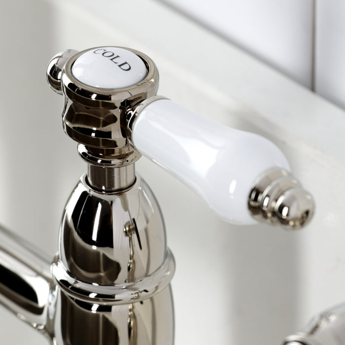 Kingston Heirloom KS1276BPLBS - Bel-Air Two-Handle 4-Hole Deck Mount Bridge Kitchen Faucet with Brass Sprayer, Polished Nickel