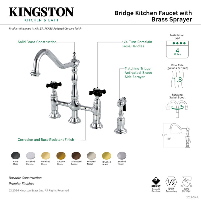 Kingston Heirloom KS1276PKXBS - Duchess Two-Handle 4-Hole Deck Mount Bridge Kitchen Faucet with Brass Sprayer, Polished Nickel