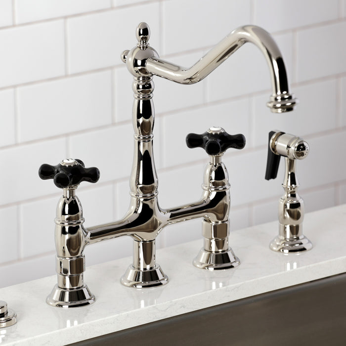 Kingston Heirloom KS1276PKXBS - Duchess Two-Handle 4-Hole Deck Mount Bridge Kitchen Faucet with Brass Sprayer, Polished Nickel