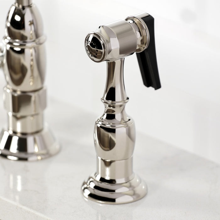 Kingston Heirloom KS1276PKXBS - Duchess Two-Handle 4-Hole Deck Mount Bridge Kitchen Faucet with Brass Sprayer, Polished Nickel