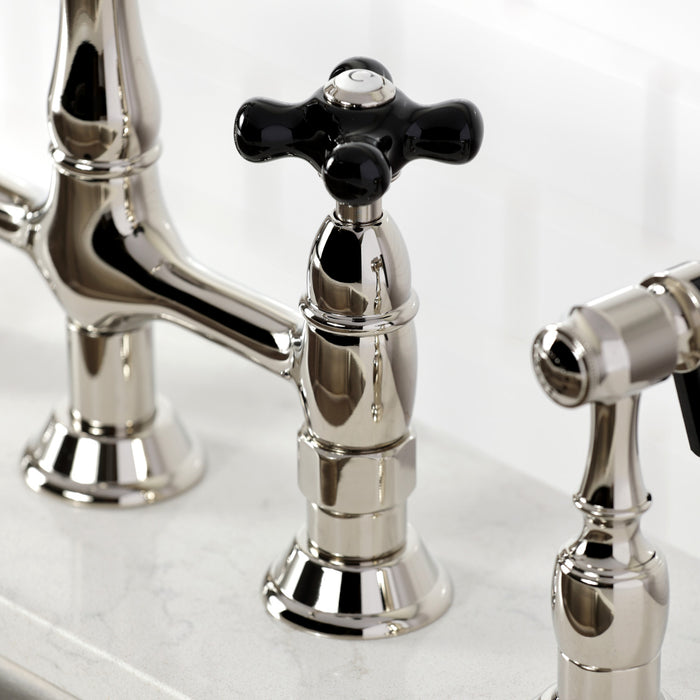 Kingston Heirloom KS1276PKXBS - Duchess Two-Handle 4-Hole Deck Mount Bridge Kitchen Faucet with Brass Sprayer, Polished Nickel