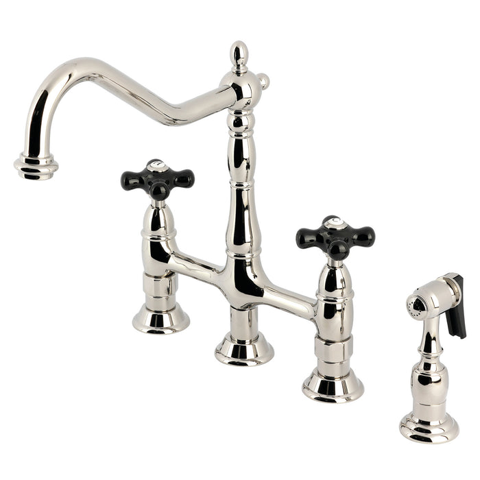 Kingston Heirloom KS1276PKXBS - Duchess Two-Handle 4-Hole Deck Mount Bridge Kitchen Faucet with Brass Sprayer, Polished Nickel