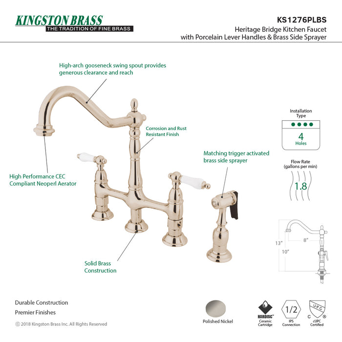 Kingston Heirloom KS1276PLBS - Heritage Two-Handle 4-Hole Deck Mount Bridge Kitchen Faucet with Brass Sprayer, Polished Nickel