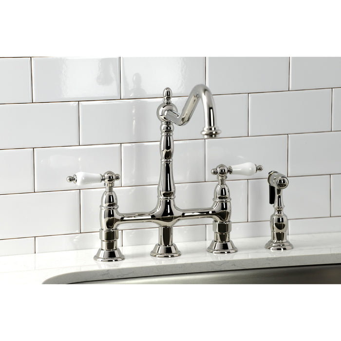 Kingston Heirloom KS1276PLBS - Heritage Two-Handle 4-Hole Deck Mount Bridge Kitchen Faucet with Brass Sprayer, Polished Nickel