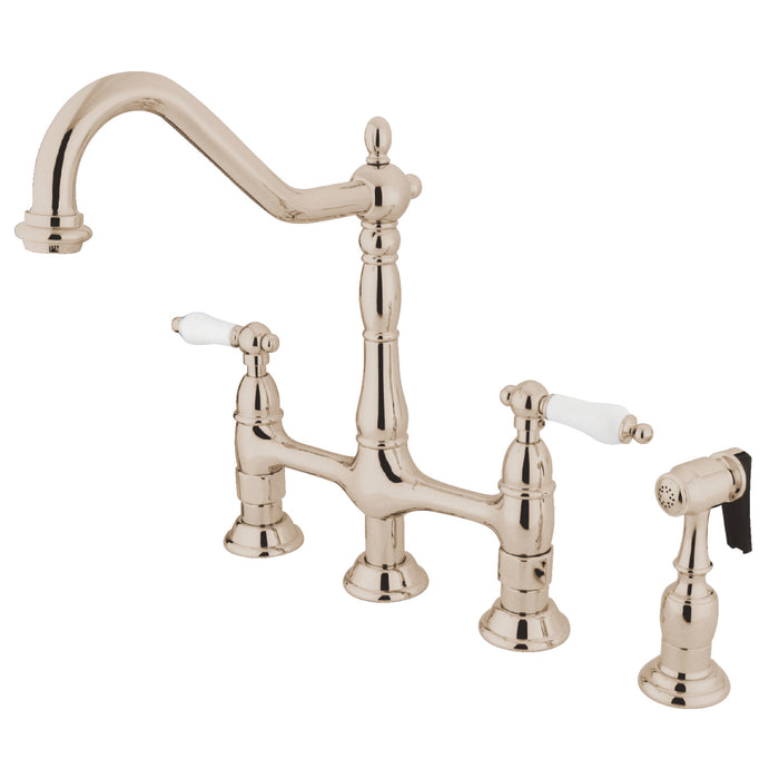 Kingston Heirloom KS1276PLBS - Heritage Two-Handle 4-Hole Deck Mount Bridge Kitchen Faucet with Brass Sprayer, Polished Nickel