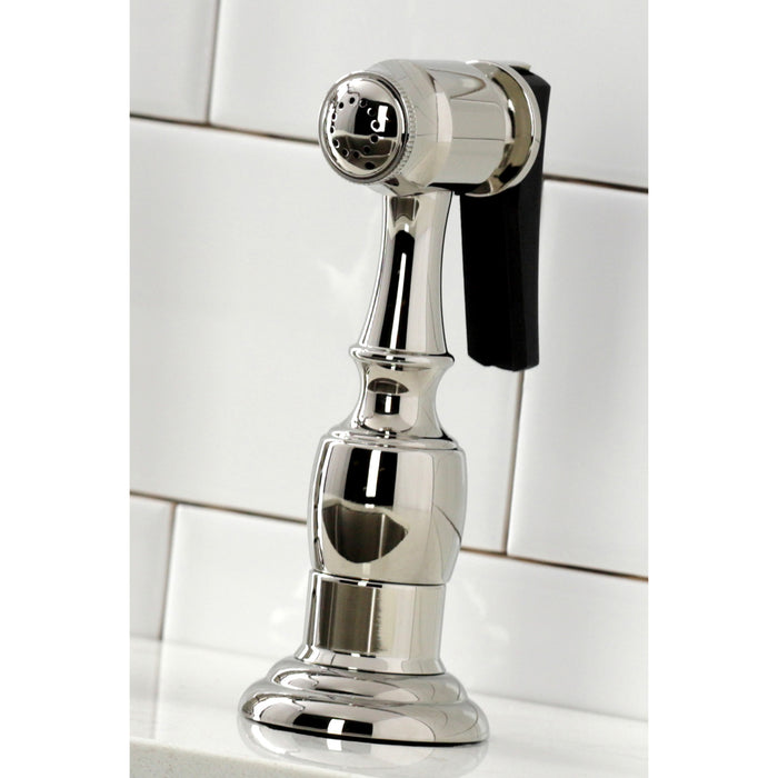 Kingston Heirloom KS1276PXBS - Heritage Two-Handle 4-Hole Deck Mount Bridge Kitchen Faucet with Brass Sprayer, Polished Nickel