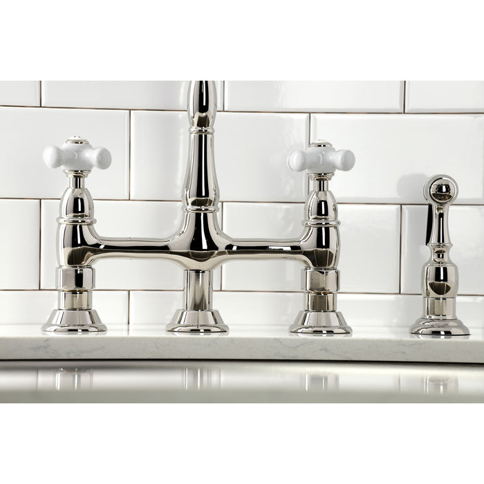 Kingston Heirloom KS1276PXBS - Heritage Two-Handle 4-Hole Deck Mount Bridge Kitchen Faucet with Brass Sprayer, Polished Nickel