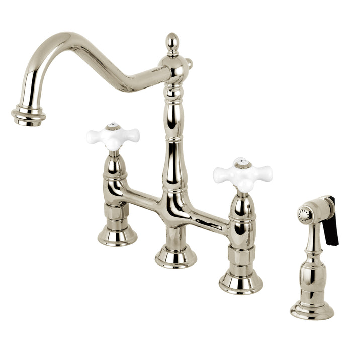 Kingston Heirloom KS1276PXBS - Heritage Two-Handle 4-Hole Deck Mount Bridge Kitchen Faucet with Brass Sprayer, Polished Nickel