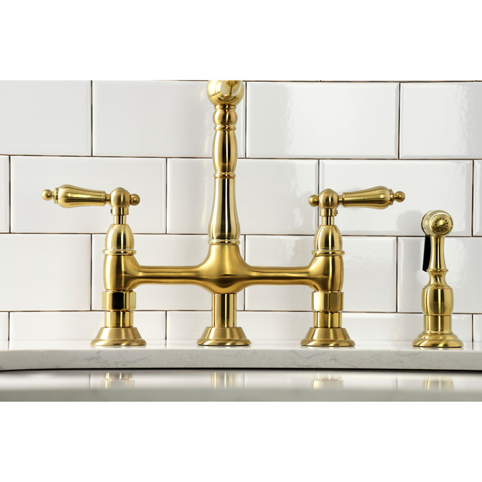 Heritage KS1277ALBS Two-Handle 4-Hole Deck Mount Bridge Kitchen Faucet with Brass Side Sprayer, Brushed Brass