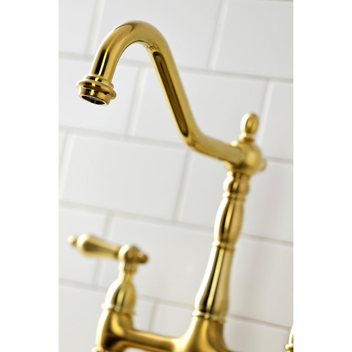 Heritage KS1277ALBS Two-Handle 4-Hole Deck Mount Bridge Kitchen Faucet with Brass Side Sprayer, Brushed Brass
