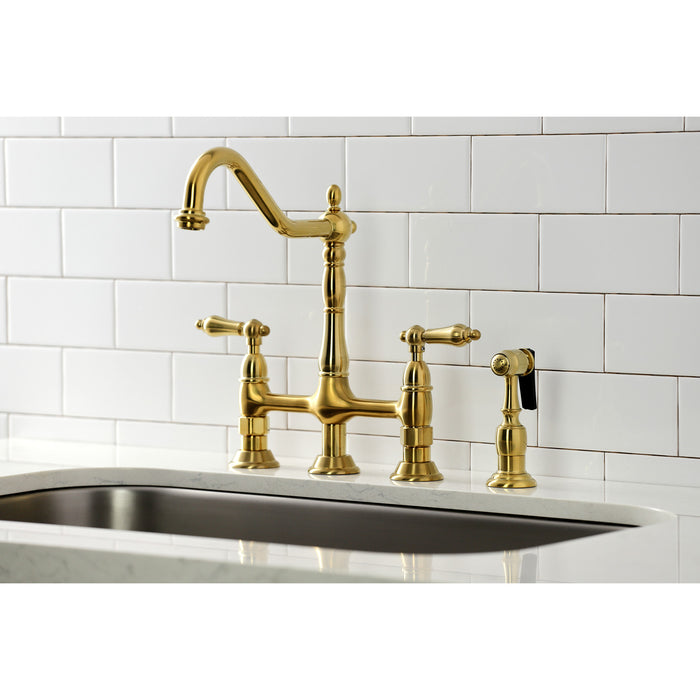 Heritage KS1277ALBS Two-Handle 4-Hole Deck Mount Bridge Kitchen Faucet with Brass Side Sprayer, Brushed Brass