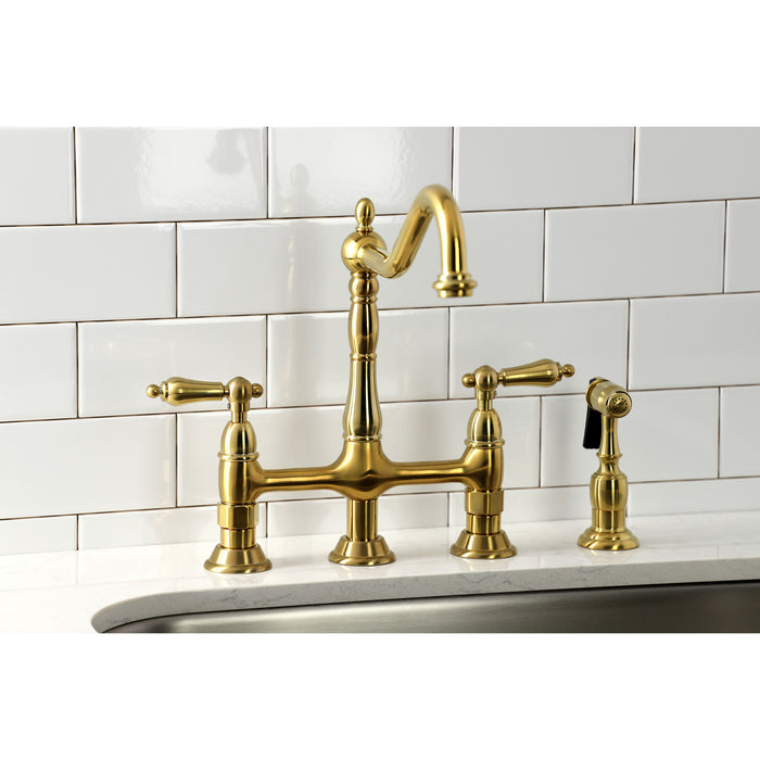 Heritage KS1277ALBS Two-Handle 4-Hole Deck Mount Bridge Kitchen Faucet with Brass Side Sprayer, Brushed Brass