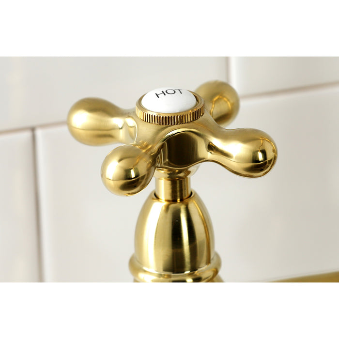 Kingston Heirloom KS1277AXBS - Heritage Two-Handle 4-Hole Deck Mount Bridge Kitchen Faucet with Brass Sprayer, Brushed Brass