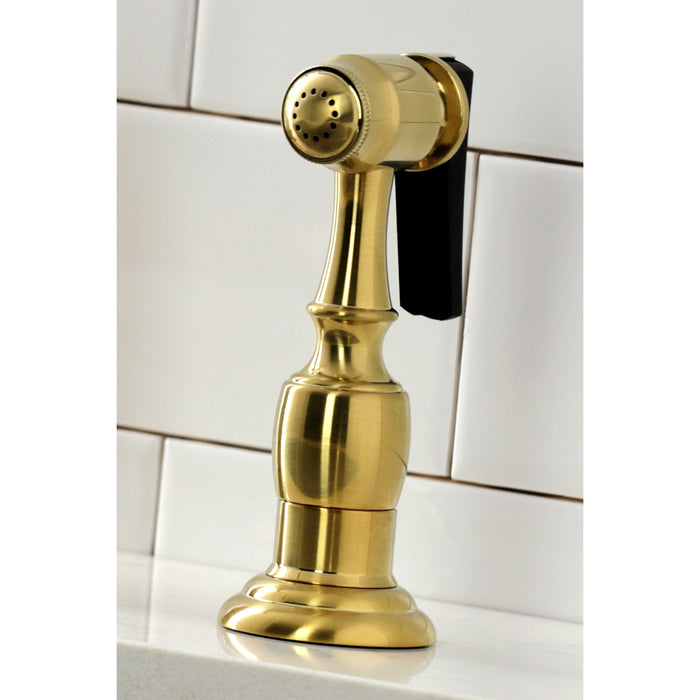Kingston Heirloom KS1277AXBS - Heritage Two-Handle 4-Hole Deck Mount Bridge Kitchen Faucet with Brass Sprayer, Brushed Brass