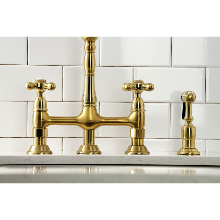 Kingston Heirloom KS1277AXBS - Heritage Two-Handle 4-Hole Deck Mount Bridge Kitchen Faucet with Brass Sprayer, Brushed Brass
