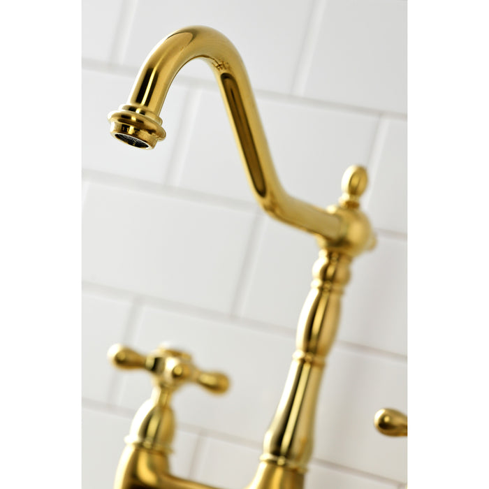 Kingston Heirloom KS1277AXBS - Heritage Two-Handle 4-Hole Deck Mount Bridge Kitchen Faucet with Brass Sprayer, Brushed Brass