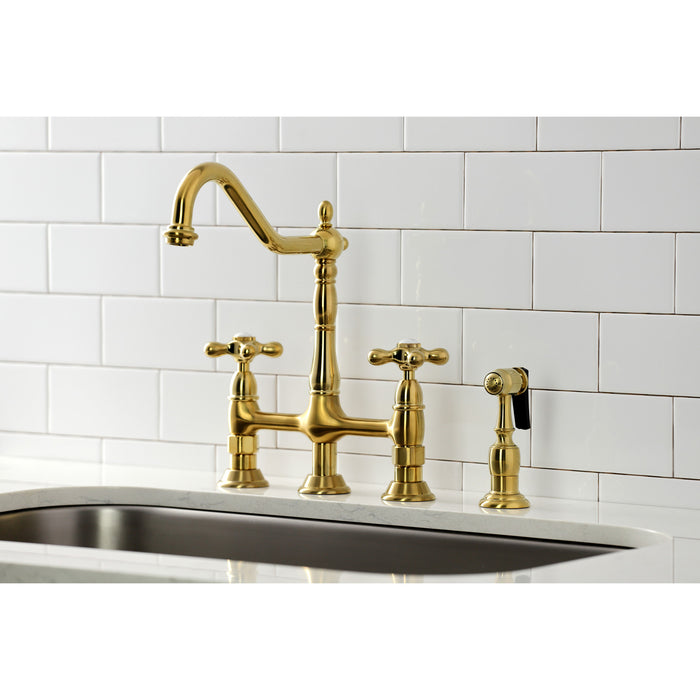 Kingston Heirloom KS1277AXBS - Heritage Two-Handle 4-Hole Deck Mount Bridge Kitchen Faucet with Brass Sprayer, Brushed Brass