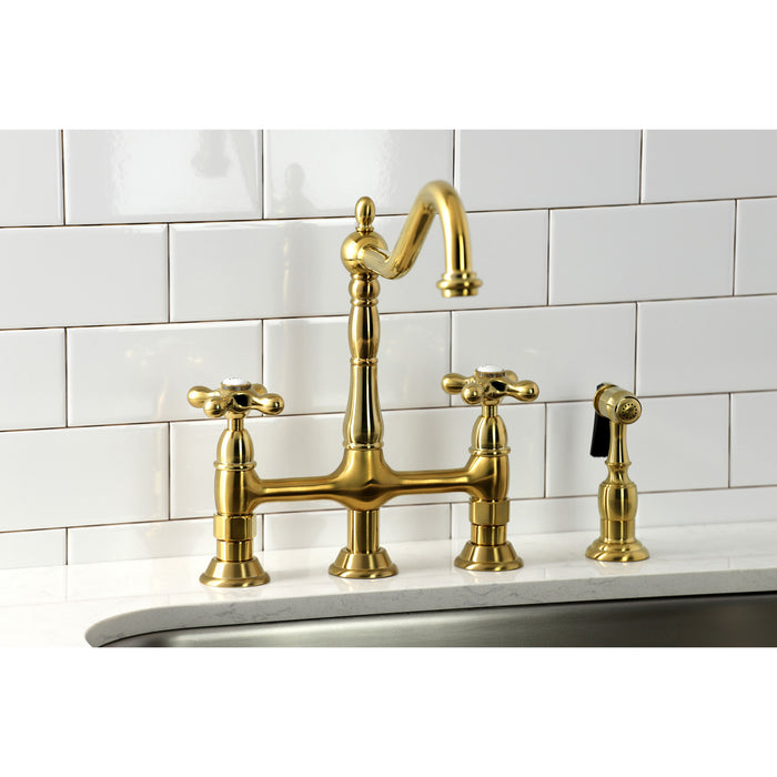 Kingston Heirloom KS1277AXBS - Heritage Two-Handle 4-Hole Deck Mount Bridge Kitchen Faucet with Brass Sprayer, Brushed Brass