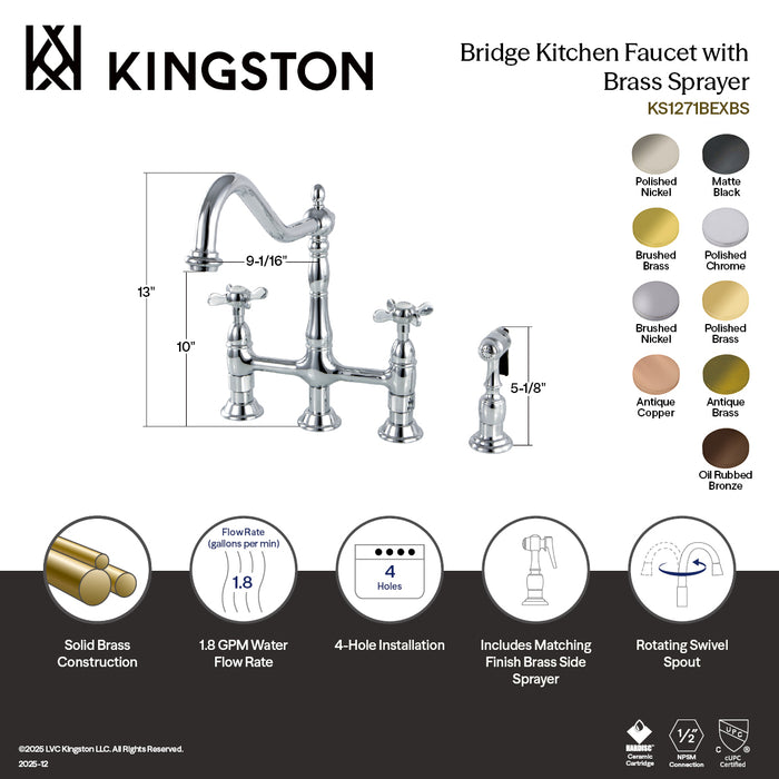 Kingston Heirloom KS1277BEXBS - Essex Two-Handle 4-Hole Deck Mount Bridge Kitchen Faucet with Brass Sprayer, Brushed Brass
