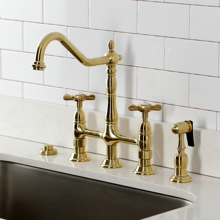 Kingston Heirloom KS1277BEXBS - Essex Two-Handle 4-Hole Deck Mount Bridge Kitchen Faucet with Brass Sprayer, Brushed Brass