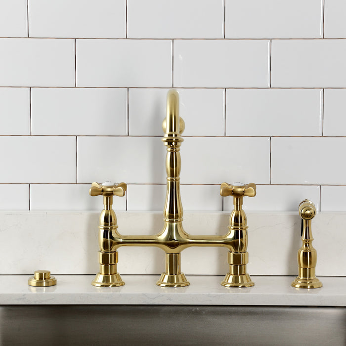 Kingston Heirloom KS1277BEXBS - Essex Two-Handle 4-Hole Deck Mount Bridge Kitchen Faucet with Brass Sprayer, Brushed Brass